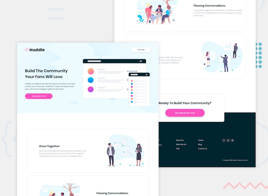 huddle landing page with alternating feature blocks