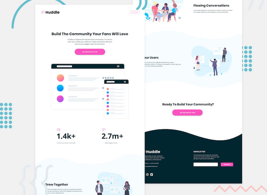 huddle landing page with curved sections
