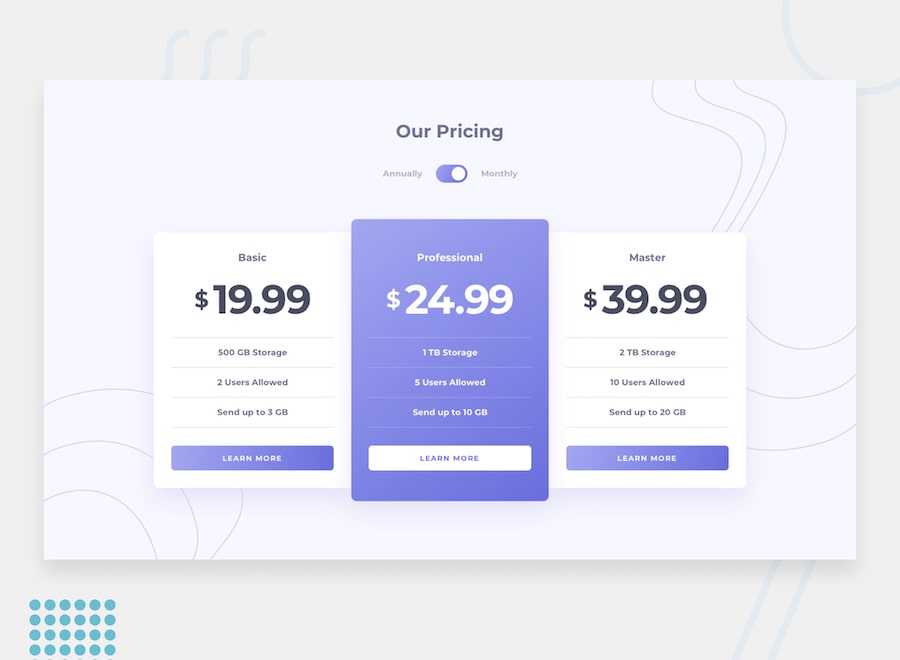 pricing component with toggle